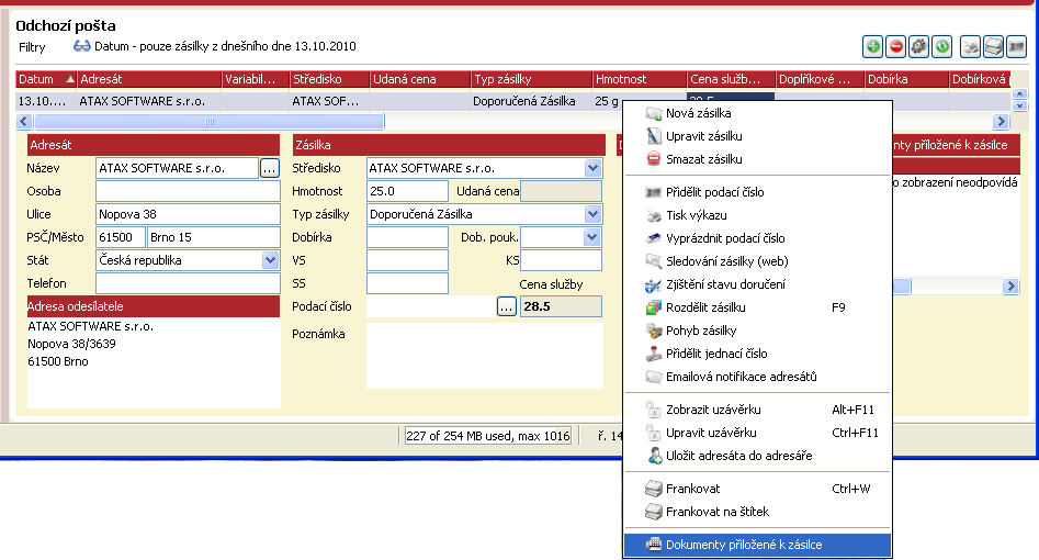 Zobrazení práce s dokumenty v programu Poštmistr