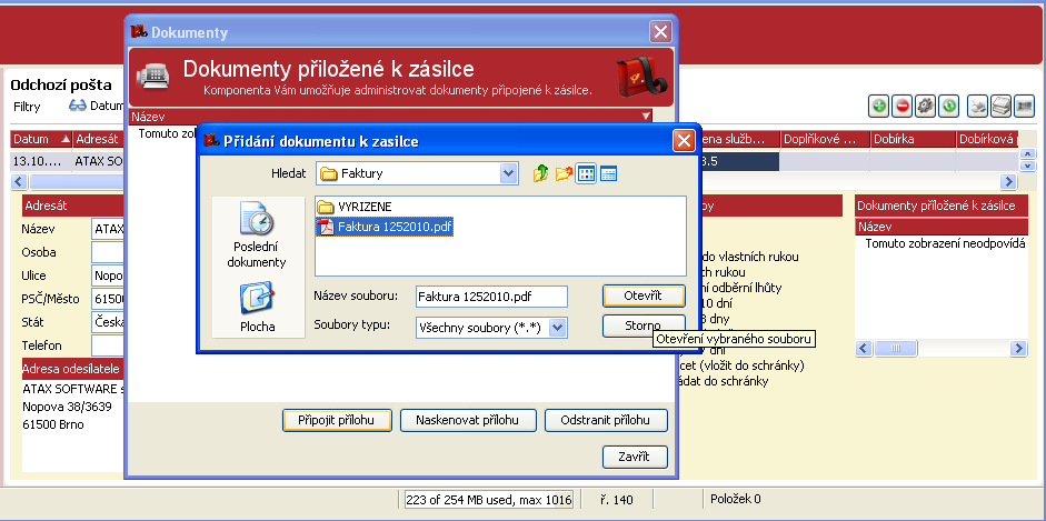 Zobrazení připojení dokumentu k zásilce v programu Poštmistr