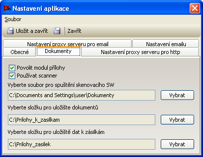 Zobrazení nastavení zpracování dokumentů v programu Poštmistr